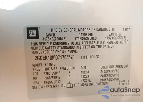 2007 Chevrolet Silverado 1500 Ltz из США, поврежденный, VIN 2GCEK13M971703521